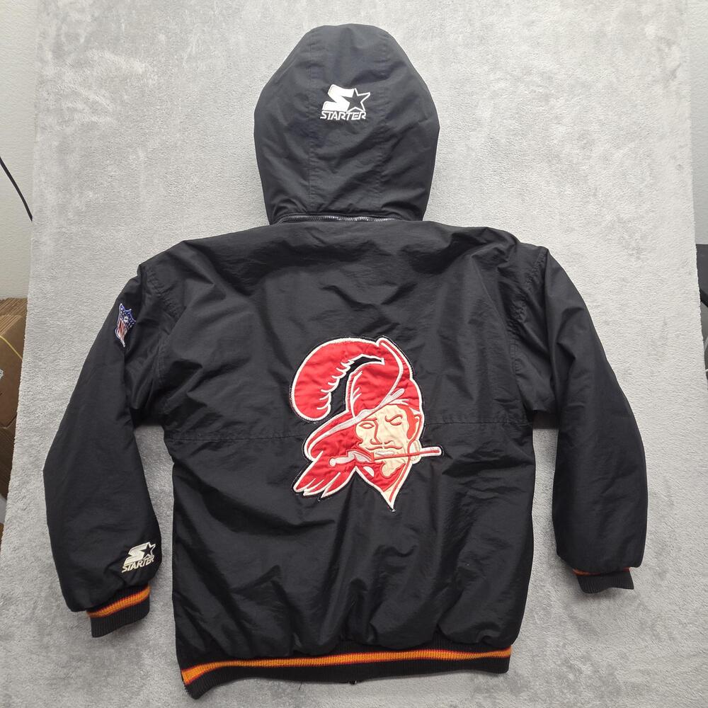 Vintage Tampa Bay Buccaneers Starter Jacket Men M Black Quilted Hooded Insulated